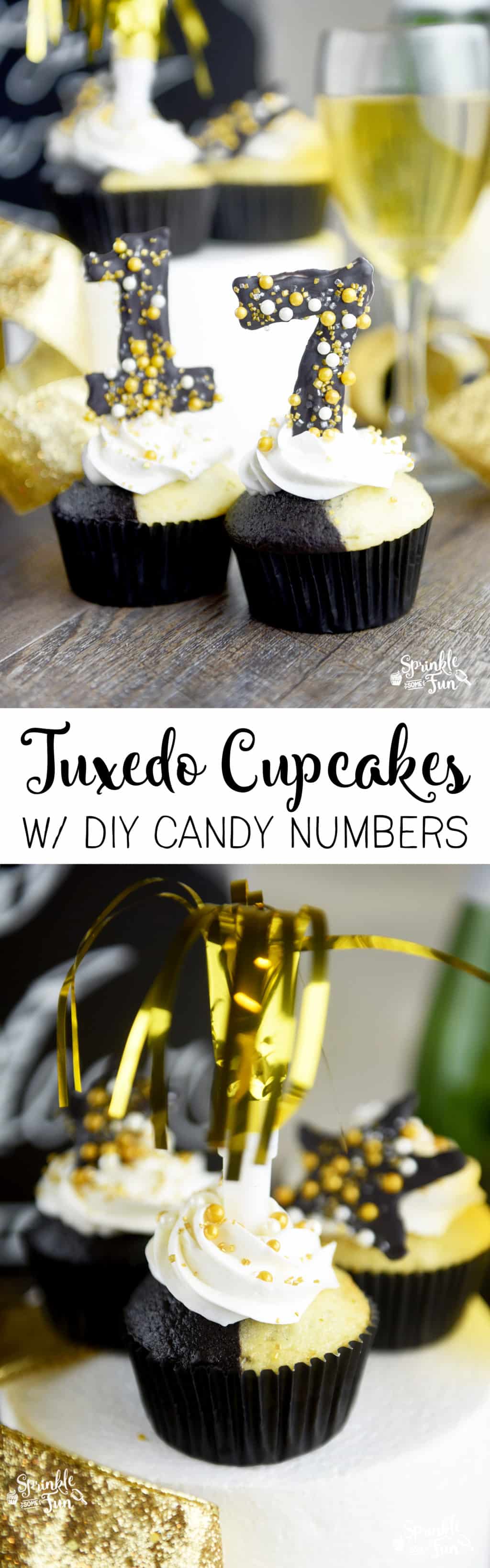 These Tuxedo Cupcakes with Candy Numbers are the perfect cupcakes to have at a New Years Eve party.