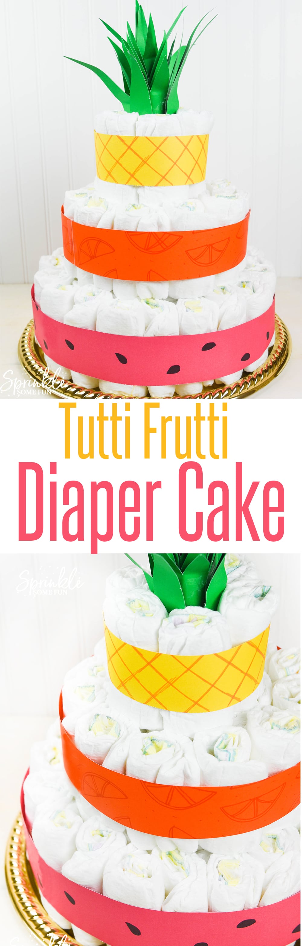 This Tutti Frutti diaper cake is so cute. I love the pineapple top with pineapple, orange and watermelon layers!