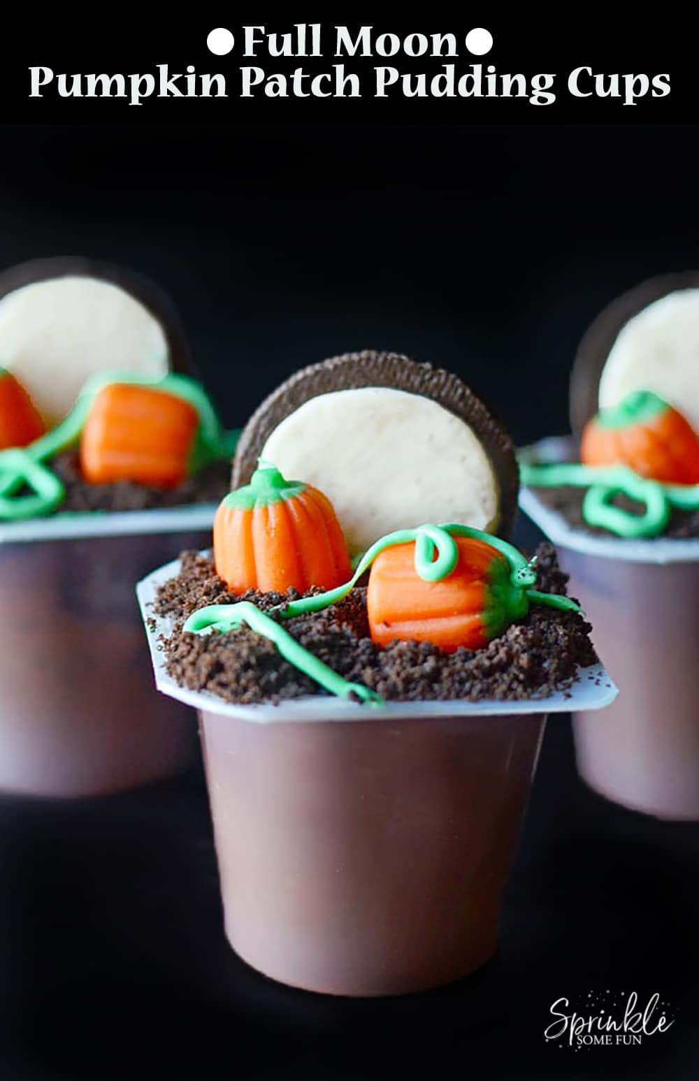 Celebrate the fall season and make some Full Moon Pumpkin Patch Pudding Cups! These are so fun to make for a Halloween treat. #Halloween #Snack #Pumpkin #Chocolate #Pudding #HalloweenSnack #HalloweenDessert #FallSnack #Fall #KidRecipe