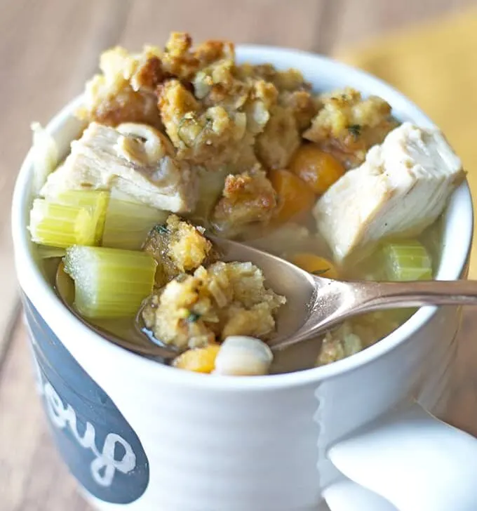 Leftover Turkey Soup with Stuffing Croutons!