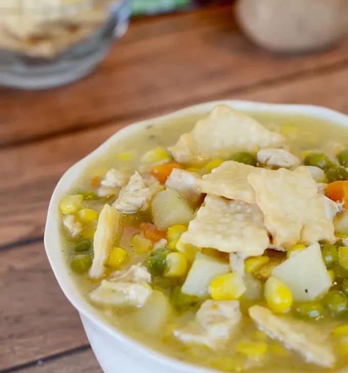 Easy Chicken Pot Pie Soup with Pie Chips!