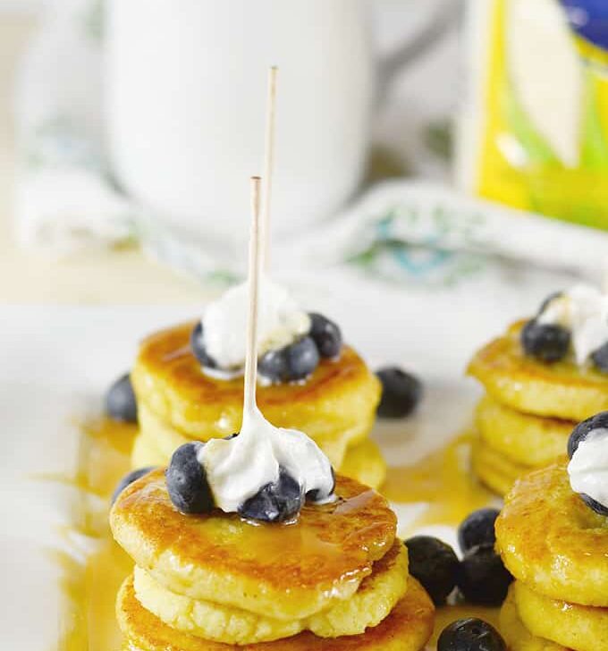 Cornmeal Pancake Stackers with Caramel Sauce and Blueberries