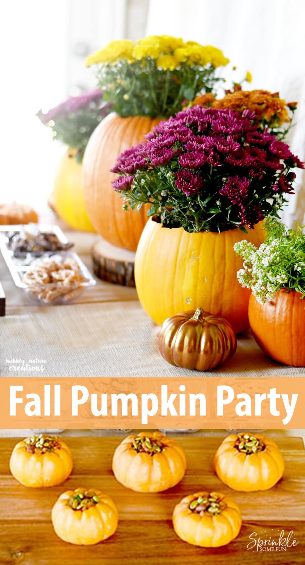 My favorite Fall celebrations involve carving, cooking and baking with pumpkins so I threw this Fall Pumpkin Party to celebrate the Fall season. #pumpkin #fall #party #falldecor #mumkin #pumpkindecor #pumpkinspice #flowers