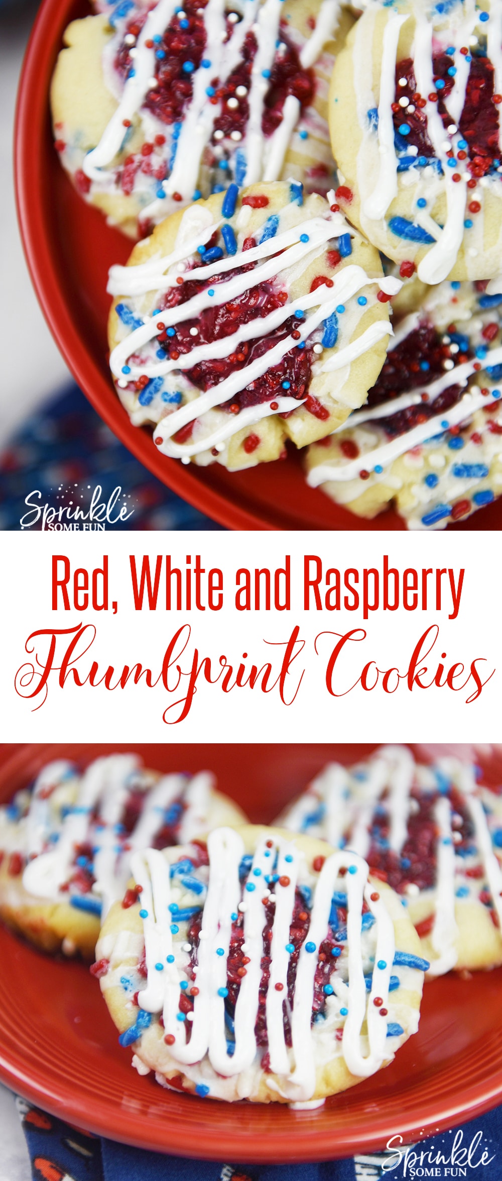 These Red, White, and Raspberry Thumbprint Cookies are a new favorite treat of ours because they are both sweet and tangy! #dessert #cookies #americanholiday #4ofjuly #redwhiteandblue #raspberries #thumbprintcookies #sweets