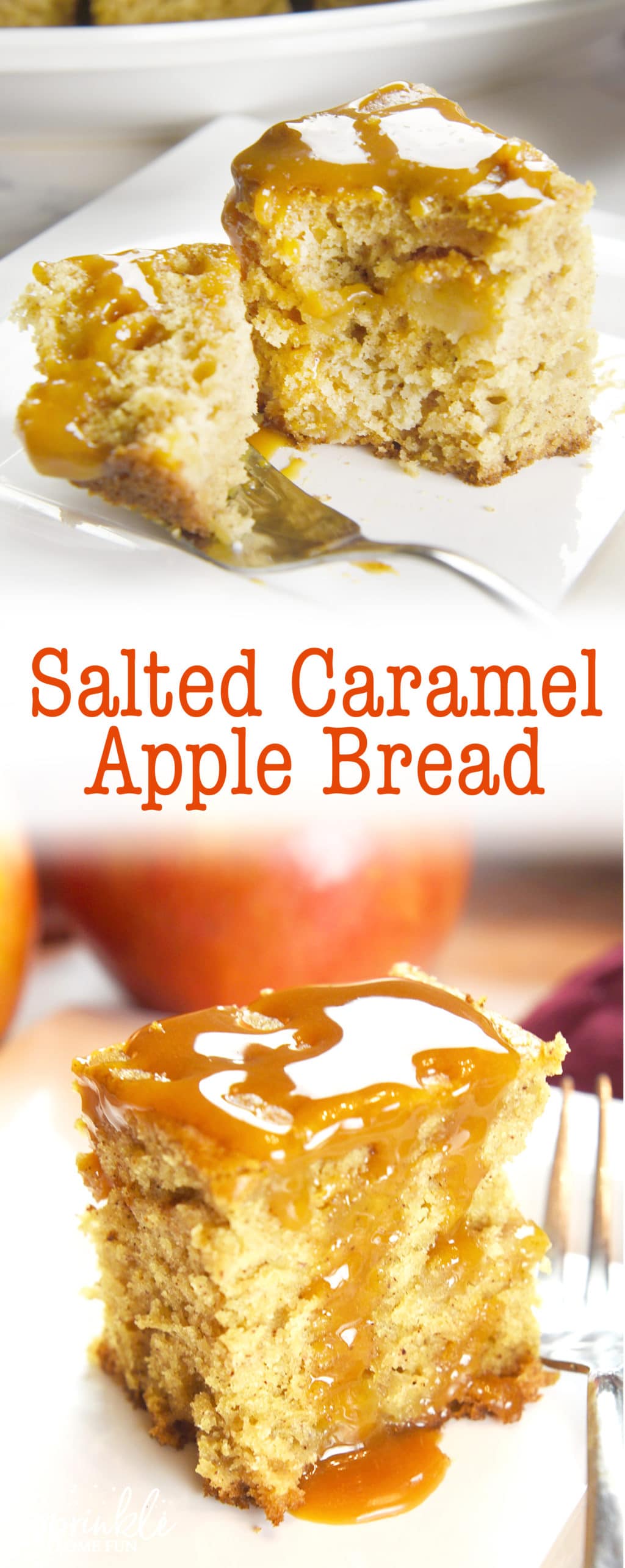 Salted Caramel Apple Bread is a spiced bread with a salty-sweet touch of caramel on top. This bread pairs deliciously with a warm cup of tea!