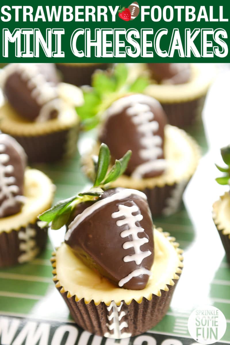 Mini cheesecakes meet chocolate dipped strawberry footballs to make the the cutest dessert on the football party table! Football Strawberry Mini Cheesecakes recipe is so easy to make and will impress your football party guests! #minicheesecakes #footballstrawberries #footballparty #tailgating #appetizer #cheesecake #strawberries #gameday #footballparty #gamedayparty #minicheesecake #chocolatecoveredstrawberry