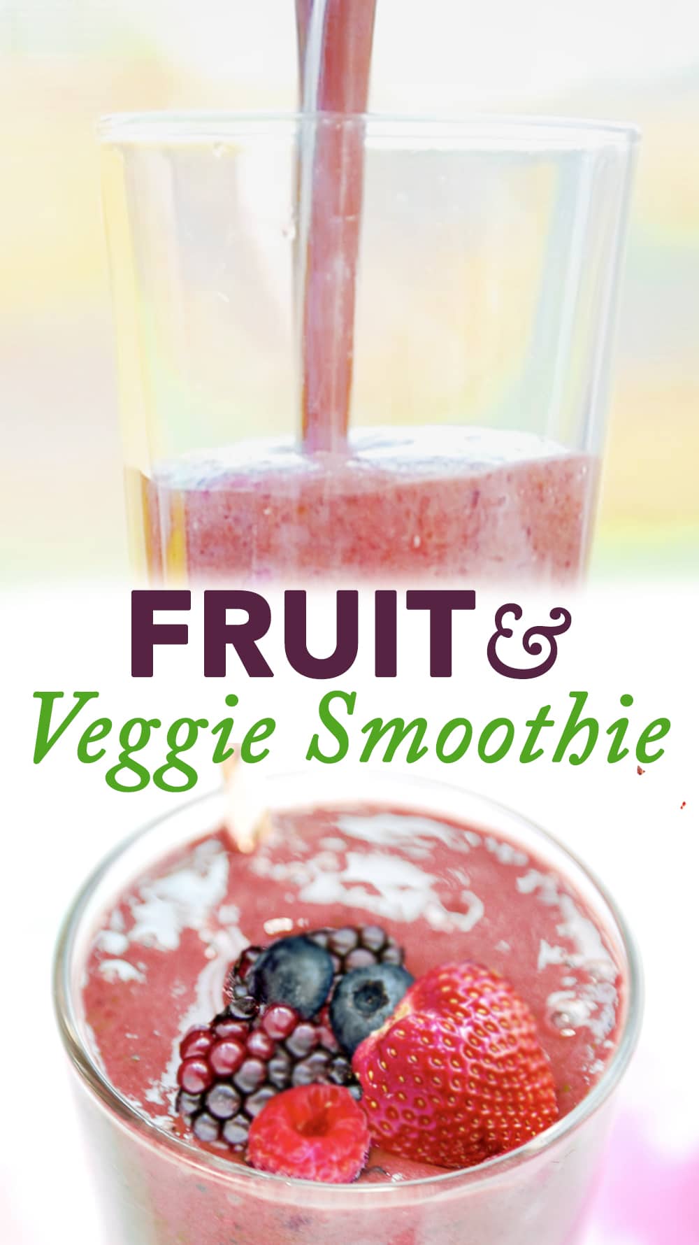 This Fruit and Veggie Smoothie has a full 7 1/2 servings of fresh fruits and vegetables. We like to make this in the morning for energy! #fresh #smoothie #fruitandveggiesmoothie #fruit #veggie #spinach #berries #banana #yogurt #kefir #chiaseeds #fruitandvegetablesmoothie #vegetable #veggies #greensmoothie #berrygreensmoothie