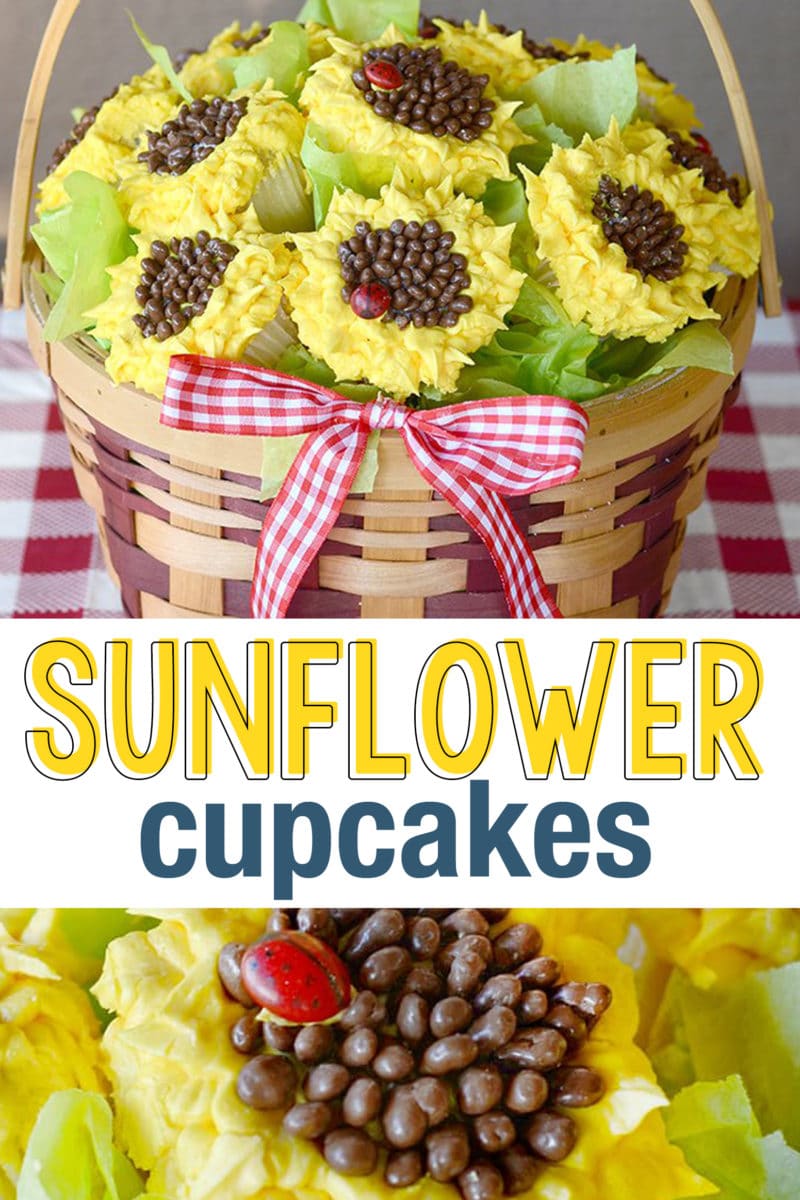 Sunflower Cupcakes & Video Tutorial. Sunflower cupcakes are so cute and perfect for a picnic or party! These are great to put in a basket or vase for a gorgeous sunflower centerpiece. #SunflowerCupcakes #cupcakes #party #picnic #cakedecorating #cakes #cupcakebouquet #cupcakebasket #picniccupcakes #fallcupcakes #fall #summer #sunflowers #mothersday #weddingcupcakes