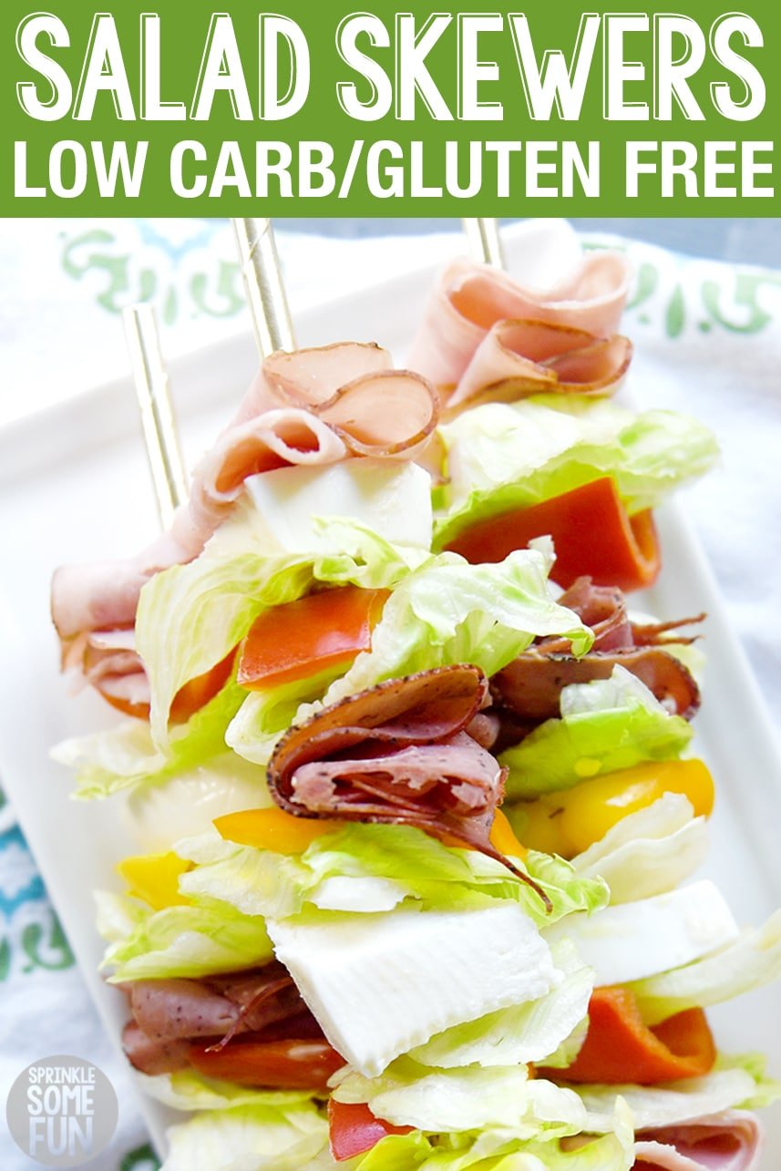 Salad Skewers are a great option for a low carb/keto diet. They also make a great sandwich replacement and are easy to dip into a yummy dressing!
Salad skewers are a great appetizer for parties. We also love to make these for an easy lunchtime meal or picnic idea. #saladskewers #salad #saladonastick #lunch #snack #appetizer #picnic #skewer #partyfood